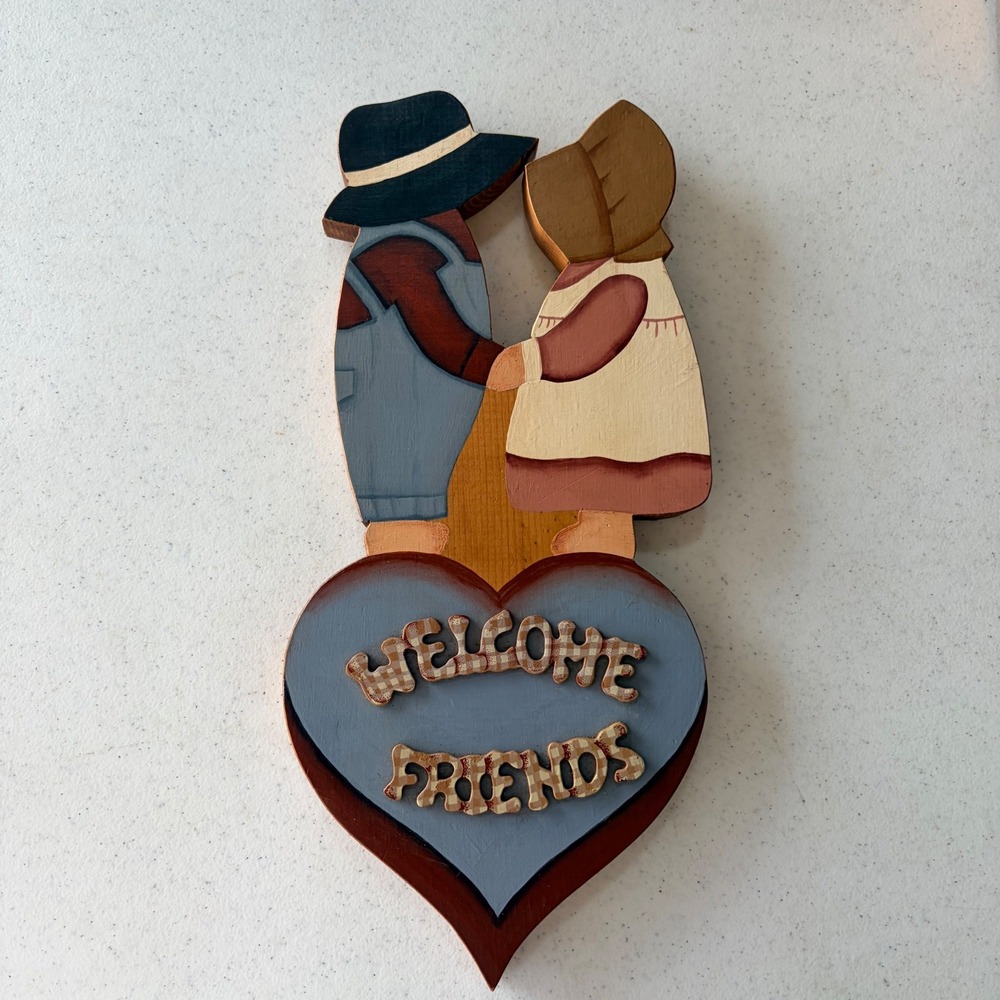 Vintage Amish Couple Welcome Friends Wood Wall Hanging Folk Art Country Sign